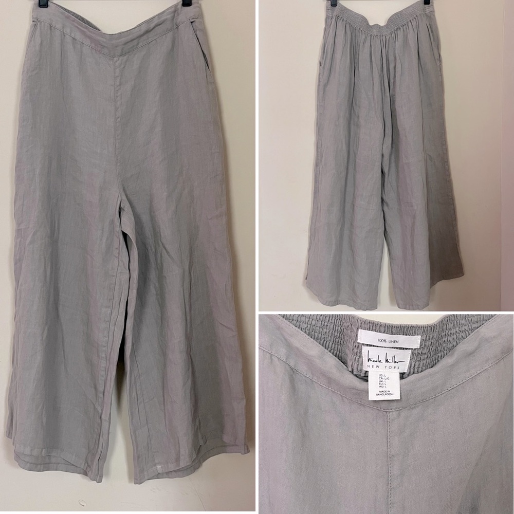 100% Linen Nicole Miller Wide-Leg Crop Pants Sand SZ(L)